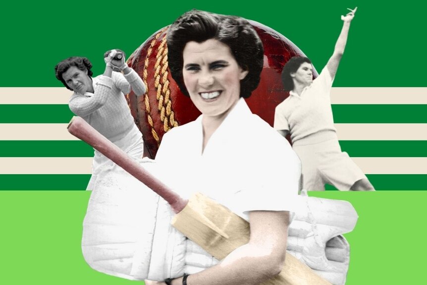 Three pictures of Betty Wilson on a green background which looks like a cricket pitch.