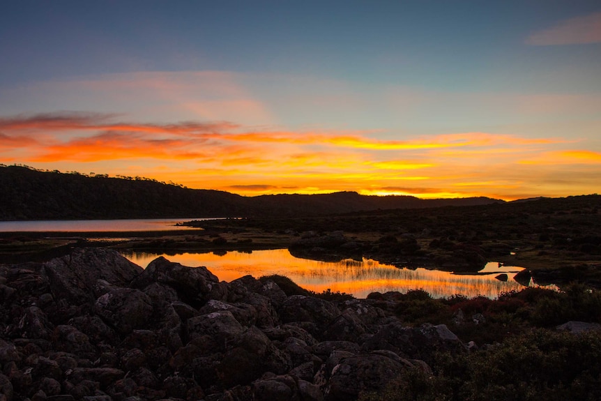 Sunset over Westons Lake on Tasmania's Central Plateau.