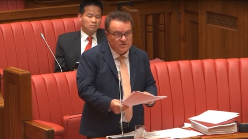 A man wearing a suit speaks in a red parliamentary chamber with another man behind