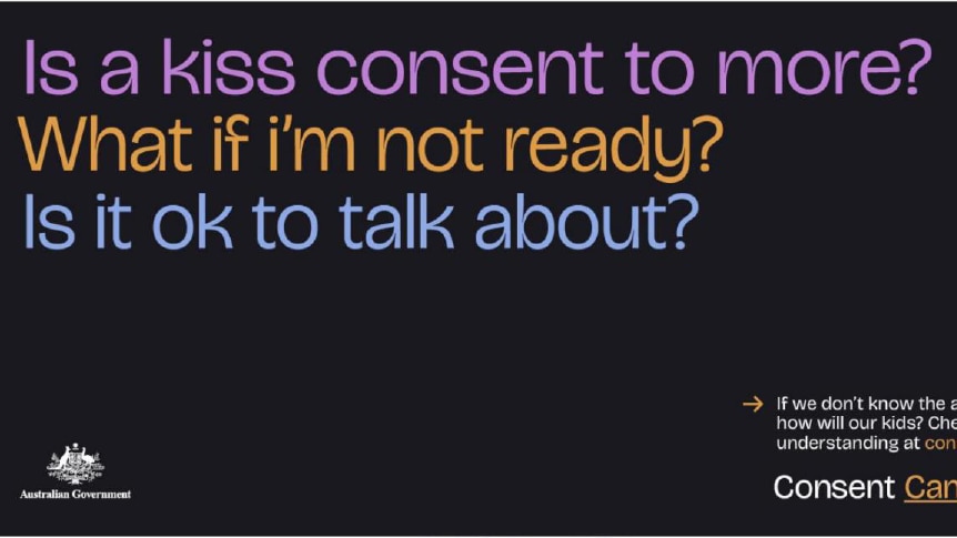 Three questions about consent on a black background, the phrases are in purple, blue and orange.