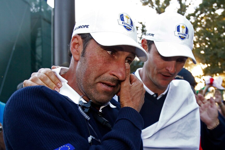 This one's for Seve: Team Europe captain Jose Maria Olazabal sheds a tear after his side's miraculous victory.