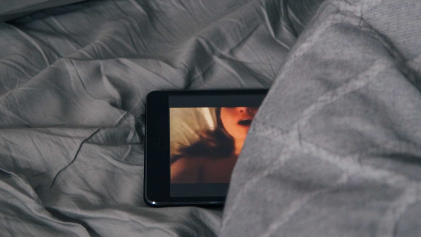 Photo of a ipad on a bed with a semi naked girl on the ipad