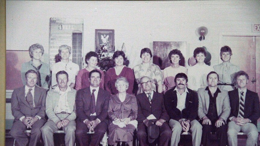 The entire Thompson, with mother Ivy and father Cecil (centre front) family gather for portrait in 1974 in Donnybrook, WA.