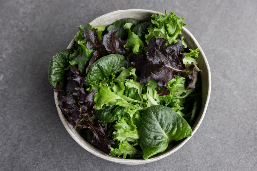 A bowl of leafy green vegetables on a grey stone surface