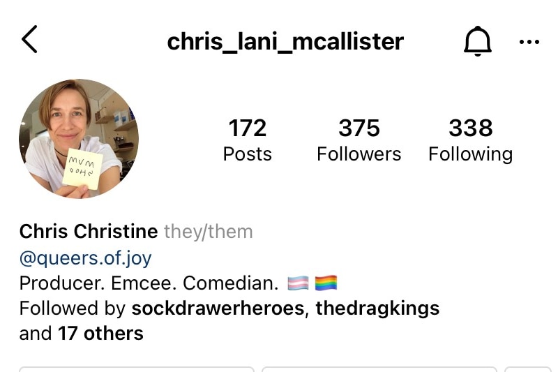 A screenshot of Chris Lani-McAllister's Instagram profile that includes "they/them" pronouns.