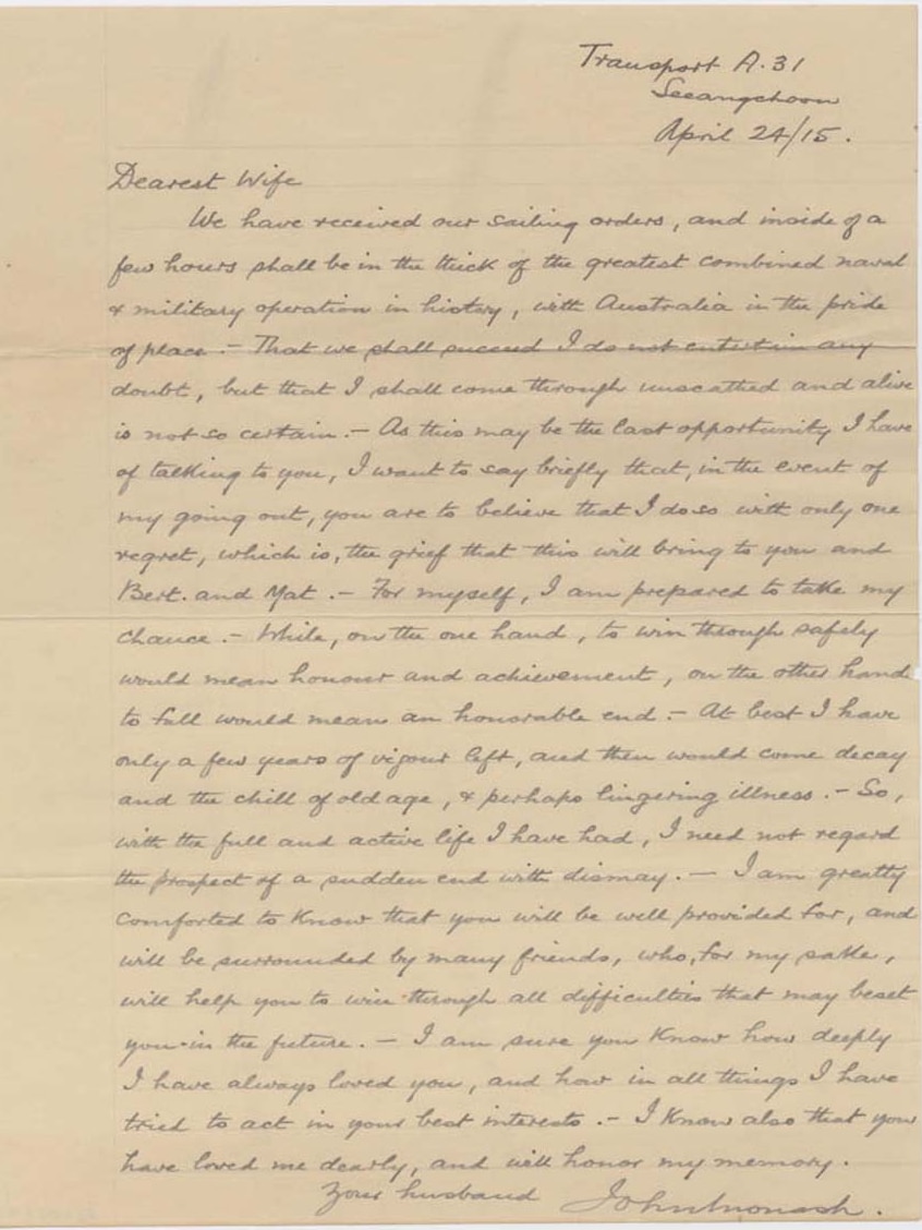 Letter from John Monash to his wife