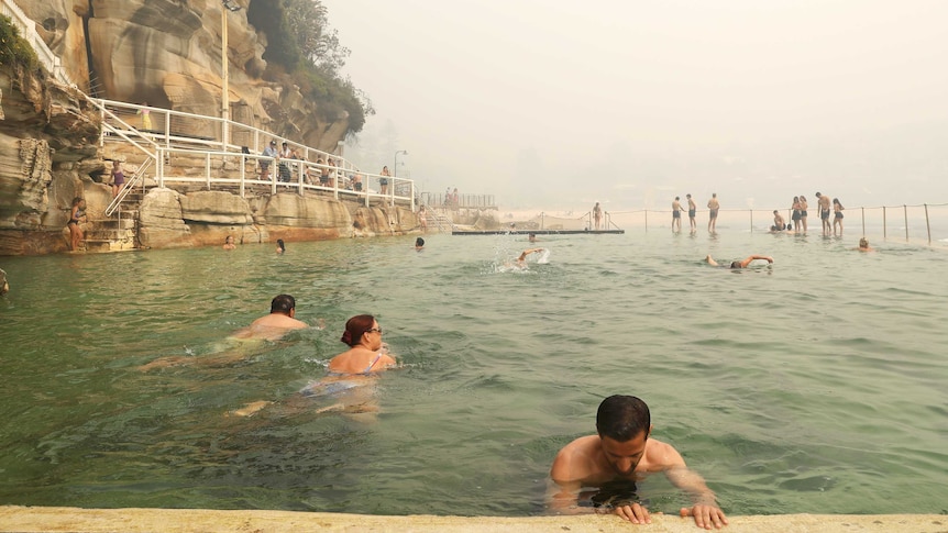 Smoke haze is seen over Bronte ocean bath on December 10, 2019 in Sydney, Australia.