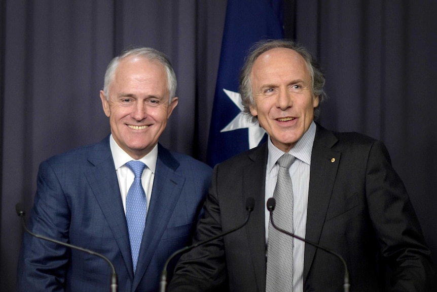 Prime Minister Malcolm Turnbull and newly-appointed Chief Scientist Dr Alan Finkel smile as they speak to the media.