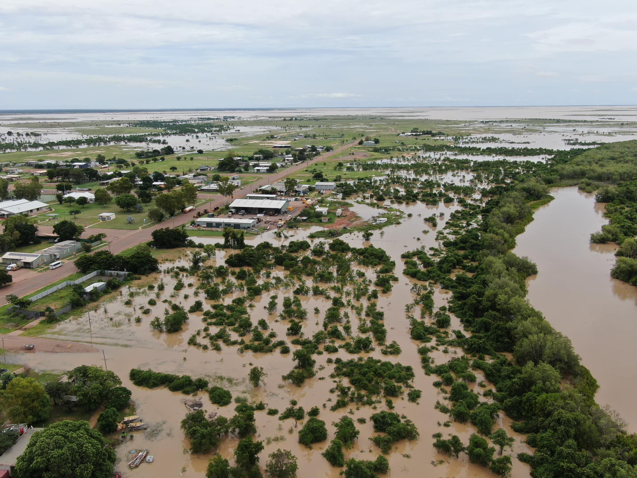 An aerial of a flooded town