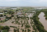 An aerial of a flooded town