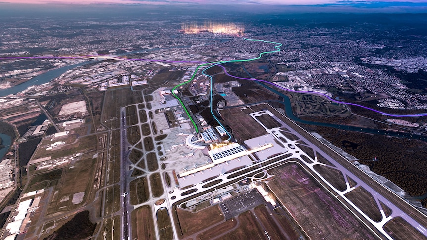 Artist's impression of Brisbane third terminal as seen from the air.