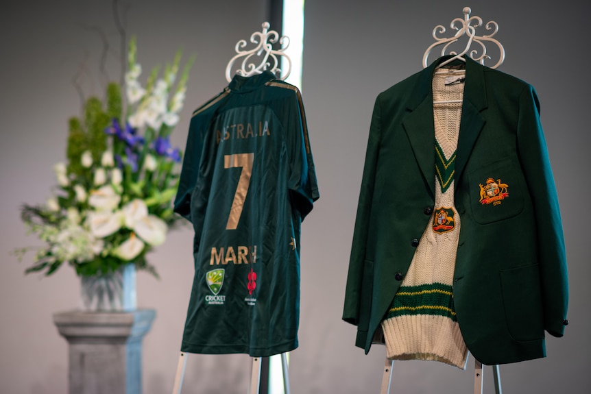 Rod Marsh's cricket uniform on stage at his service