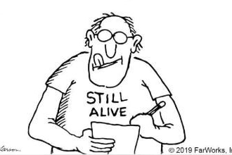 a drawing of a man with his tongue curled up and glasses writing in a pad with still alive written on his shirt