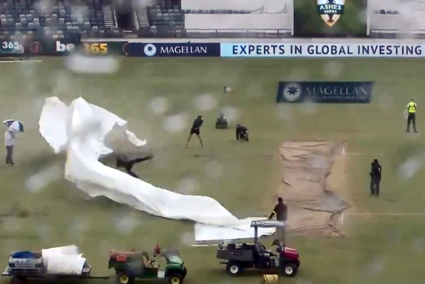 A groundsman in mid-air after being knocked off his feet by the flying pitch cover.
