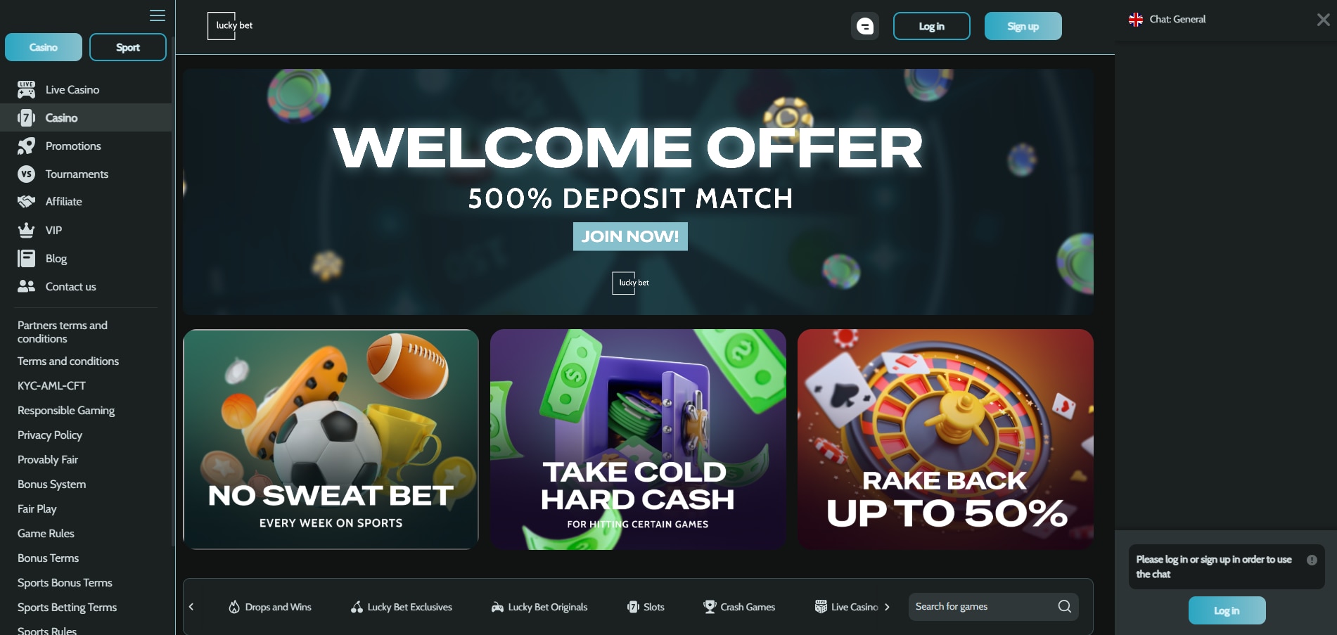 An online casino website advertising a welcome offer with a button to 'join now'.