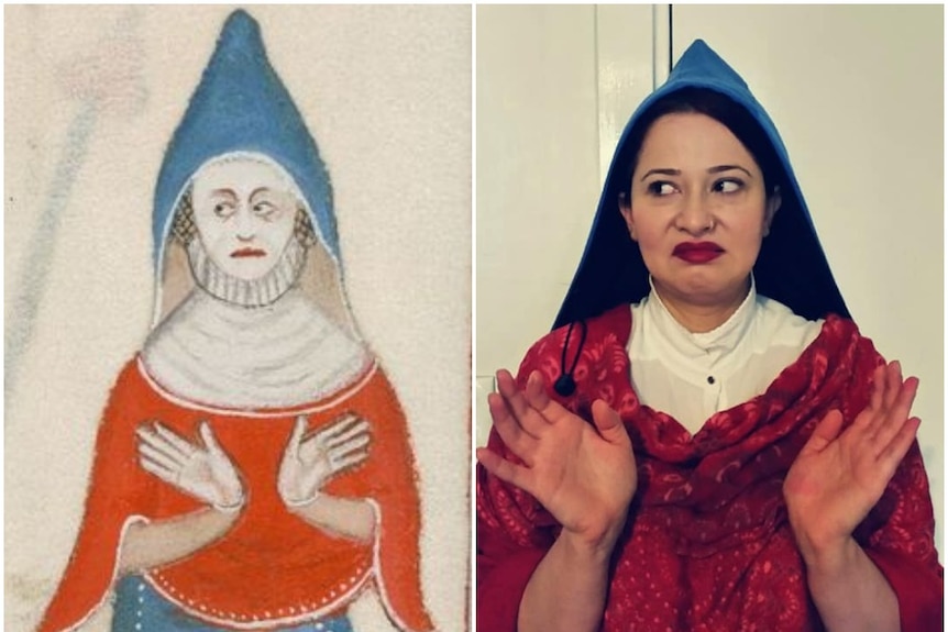 A composite image of a woman in a blue cape and red top next to a drawing from a medieval manuscript.
