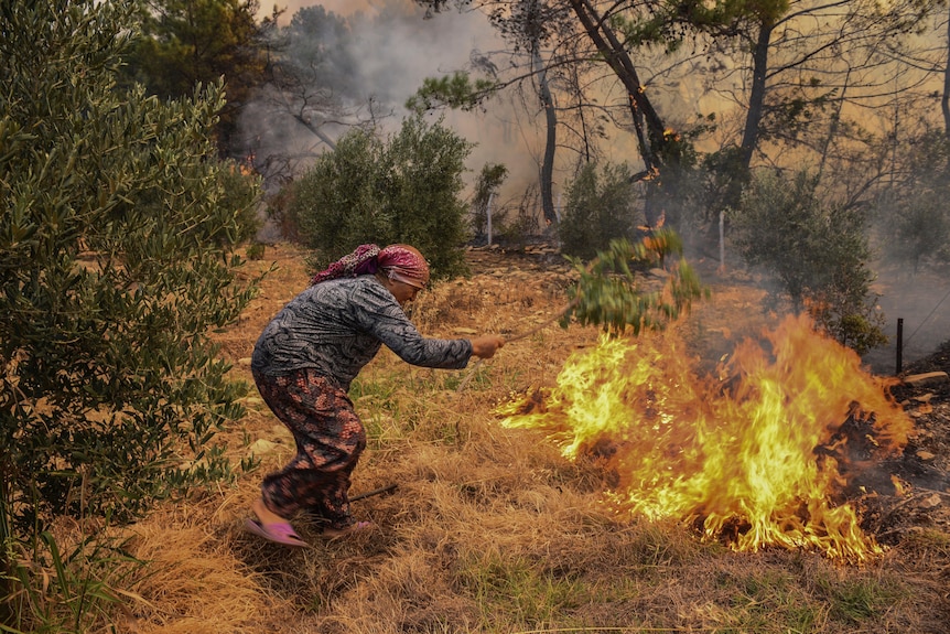 A woman tries to stop an advancing wildfire in Kacarlar village