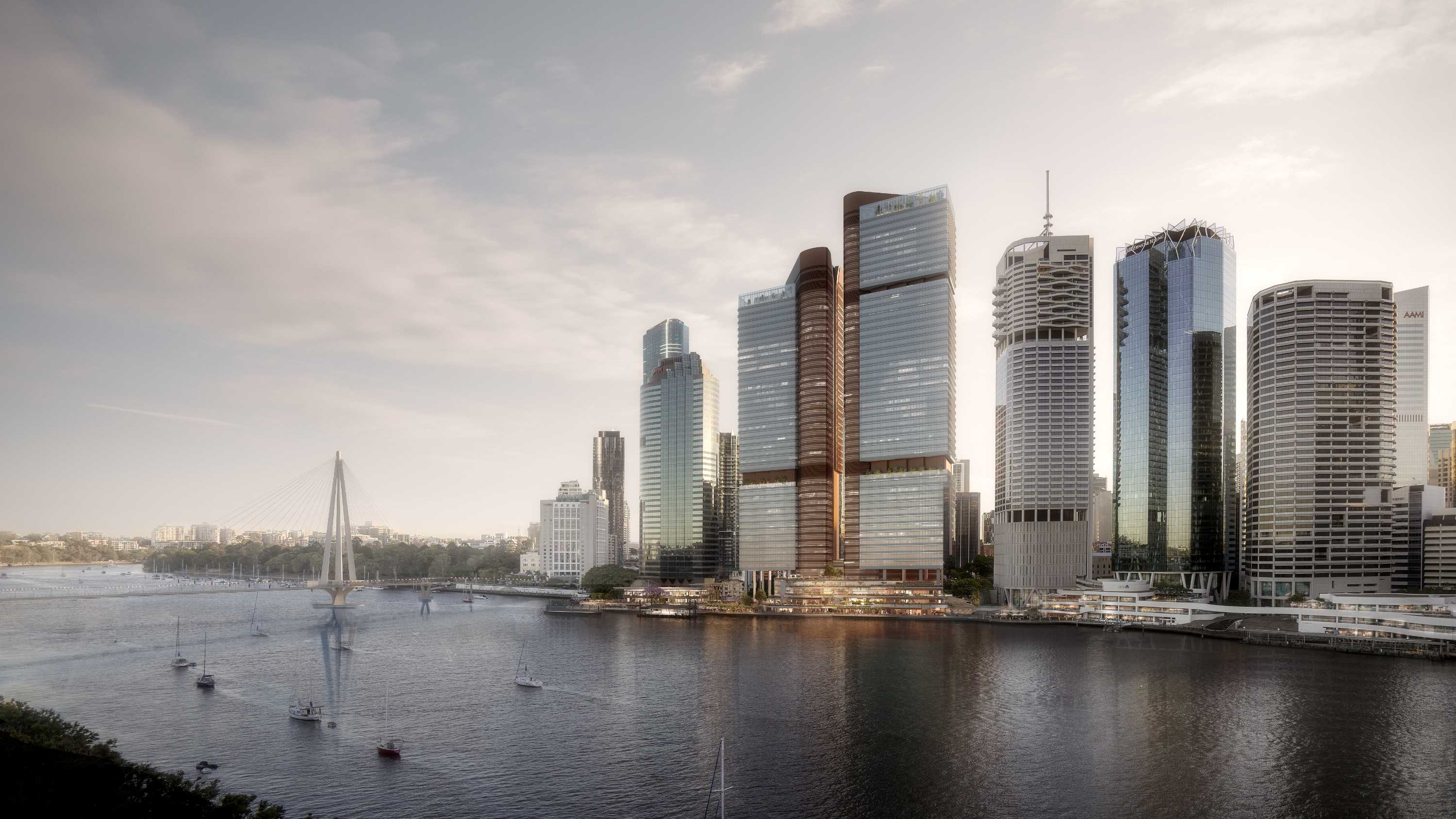 A concept image of proposed Waterfront Brisbane towers at the site of Eagle Street Pier
