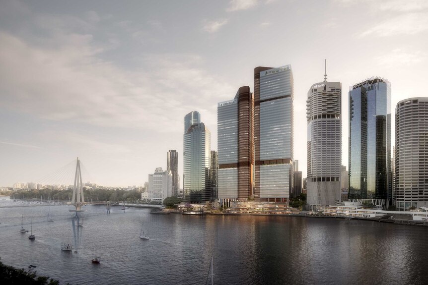 A concept image of proposed Waterfront Brisbane towers at the site of Eagle Street Pier