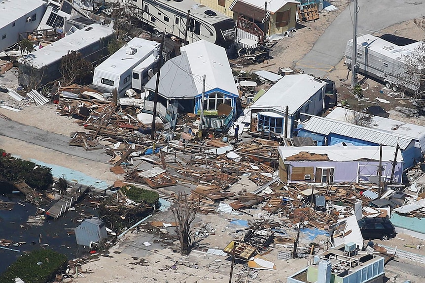 A destroyed trailer park is pictured in an aerial photo in the Florida Keys.