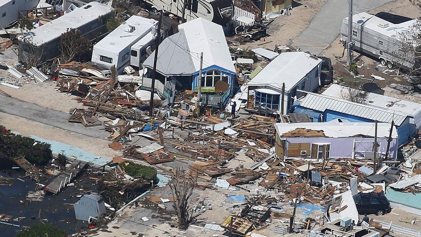 A destroyed trailer park is pictured in an aerial photo in the Florida Keys.