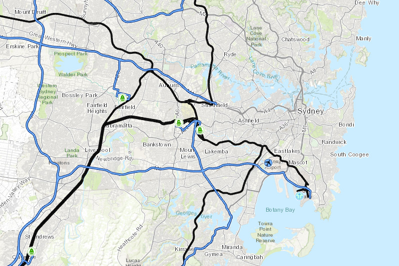 A map showing key road and rail freight routes in Sydney