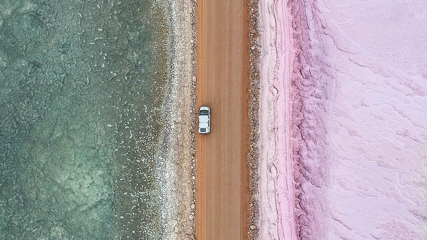 A drone photo of a car driving down the edge of a pink salt lake.