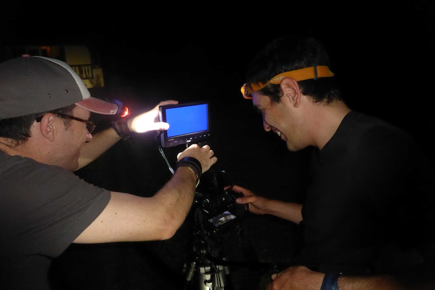 Writer and director Travis Bain and cameraman Nick De Gabriele setting up a shot.