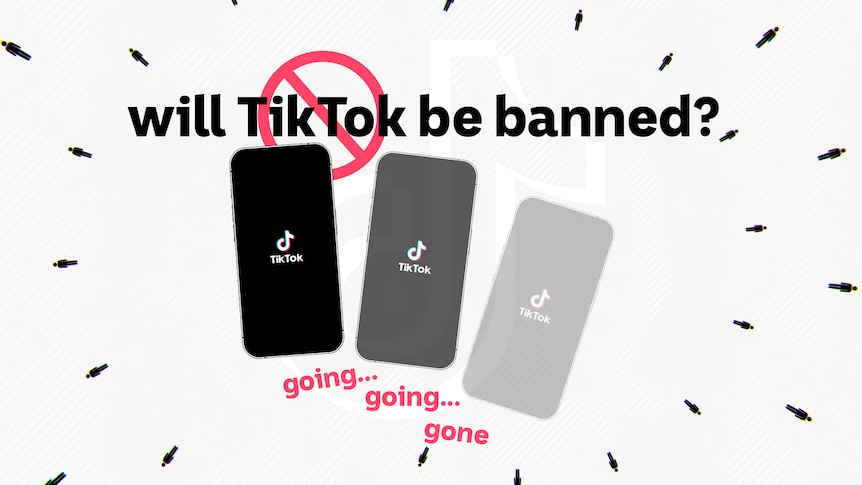 Illustration of three mobile phones with the TikTok logo on the screen with the words Going... Going... Gone written underneath.