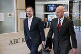 Premier Will Hodgman and Treasurer Peter Gutwein leave ABC Hobart, May 29, 2015