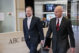 Premier Will Hodgman and Treasurer Peter Gutwein leave ABC Hobart, May 29, 2015