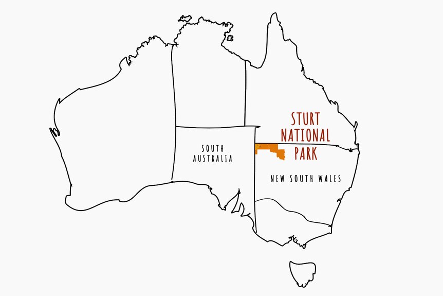 Map of Australia with orange highlight on border of NSW and QLD shows location of Sturt National Park