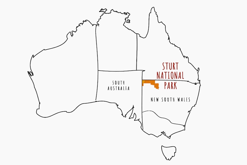 Map of Australia with orange highlight on border of NSW and QLD shows location of Sturt National Park