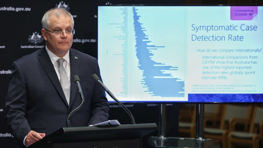 Scott Morrison stands in front of a bar graph that's titled: symptomatic case detection rate.