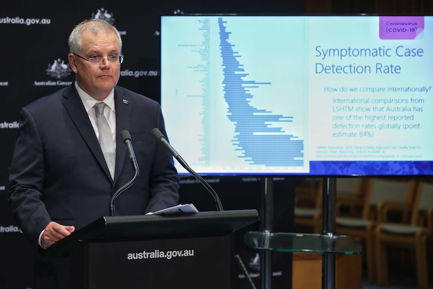 Scott Morrison stands in front of a bar graph that's titled: symptomatic case detection rate.