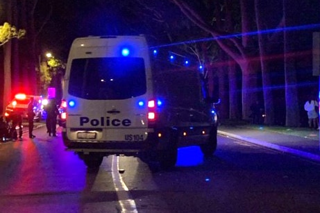 A police van parked across a road at night.