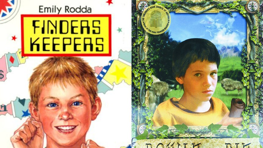 Two book covers, one is of an excited little blonde boy, the other of a young boy holding a scroll in a magical land