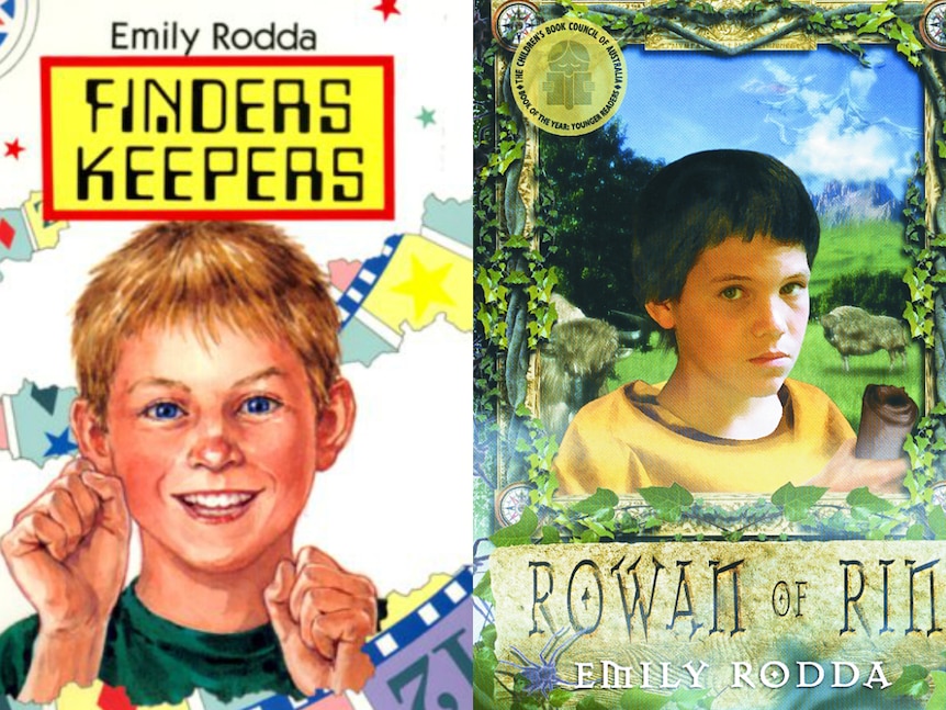 Two book covers, one is of an excited little blonde boy, the other of a young boy holding a scroll in a magical land