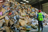 A worker inspects a pile of rubbish.