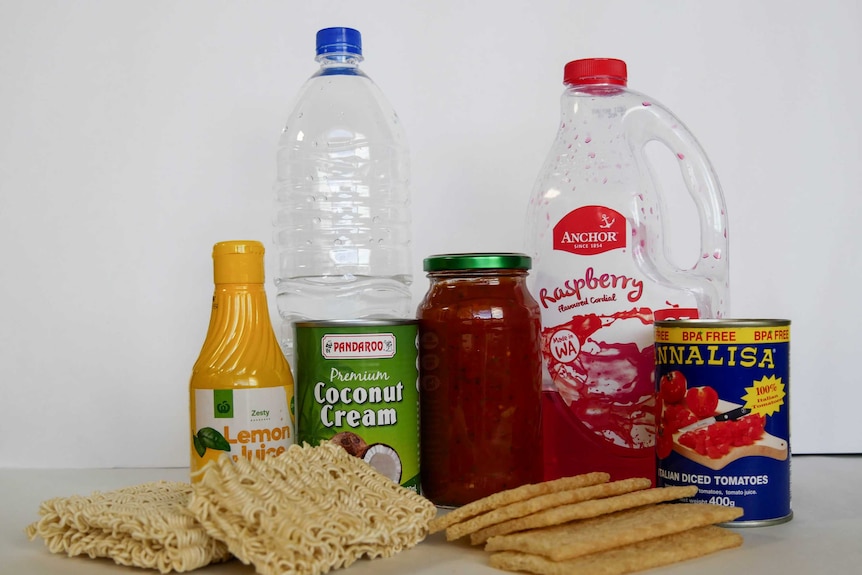 Pasta sauce, coconut cream, a tin of tomatoes, lemon juice and pure red cordial.