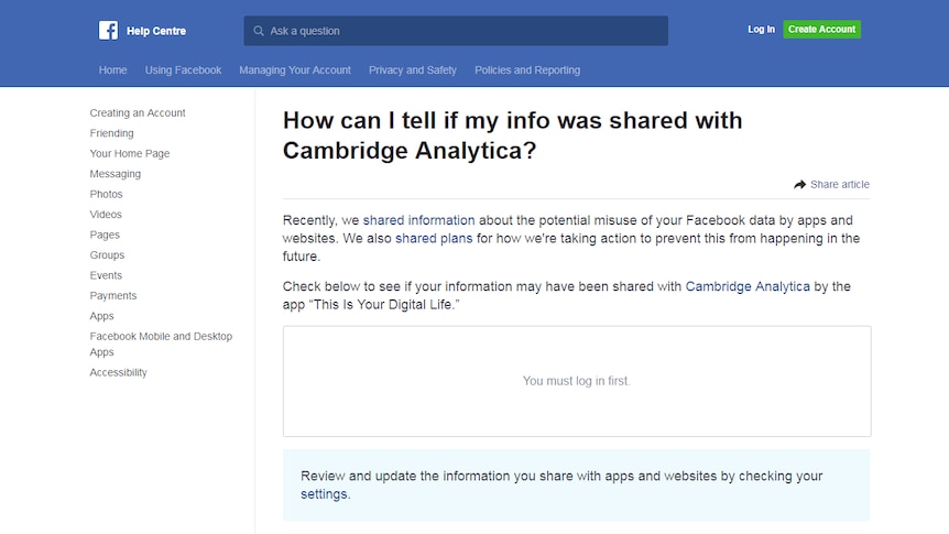 Screenshot of Facebook help page