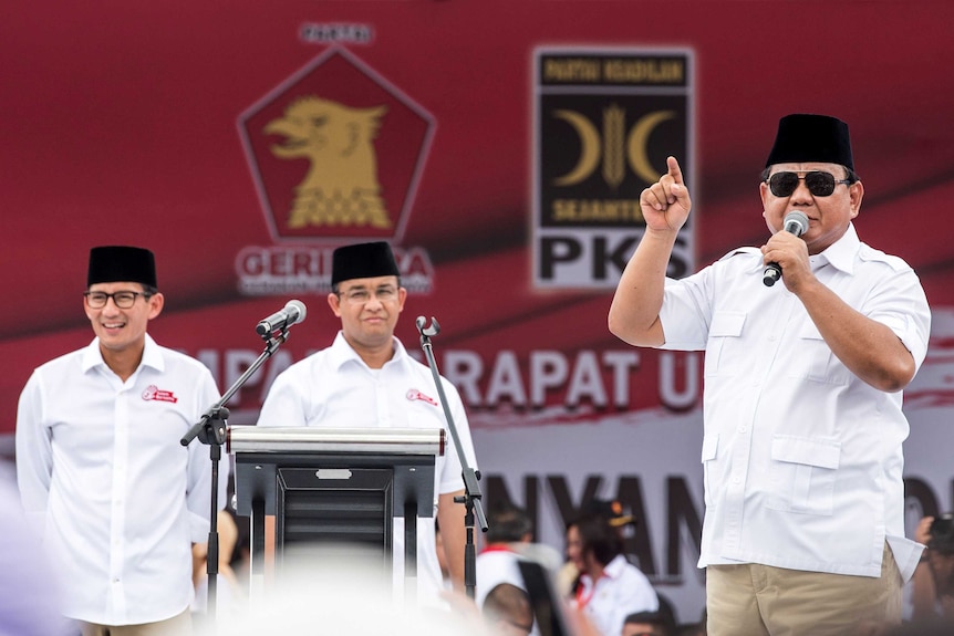 Prabowo Subianto talks to supporters at a campaign in February 2017.