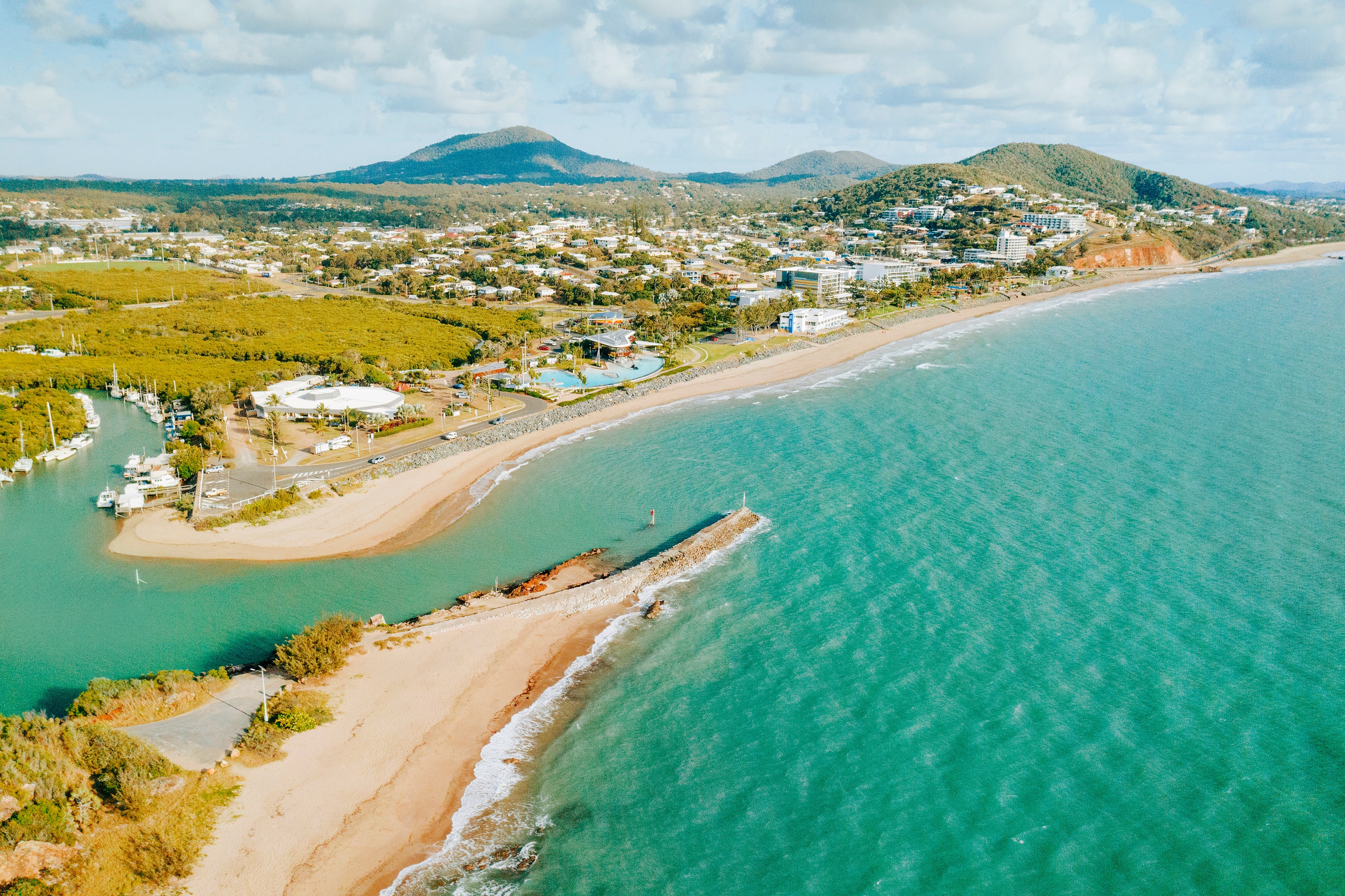 A birds eye view of a coastal town.