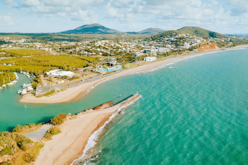 A birds eye view of a coastal town.