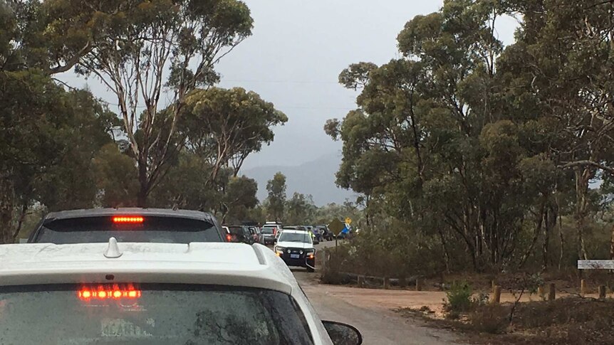 A line of cars stretches right back to the entrance of the Stirling Ranges park's Bluff Knoll carpark.