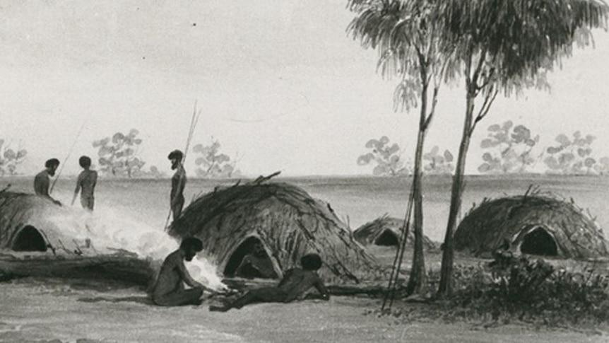 Black and white painting of Aboriginal people sitting near huts