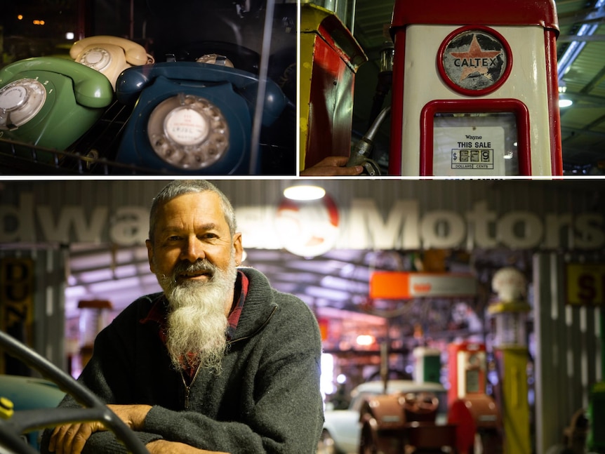 man with beard and old telephones and old petrol station 