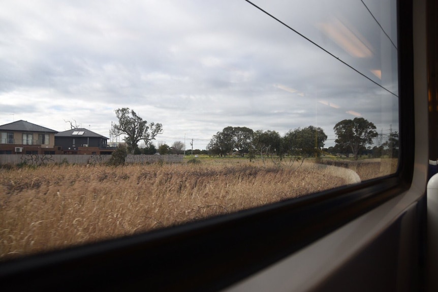 The view outside a suburban train window of a paddock and some houses in Melbourne's outer south-east.