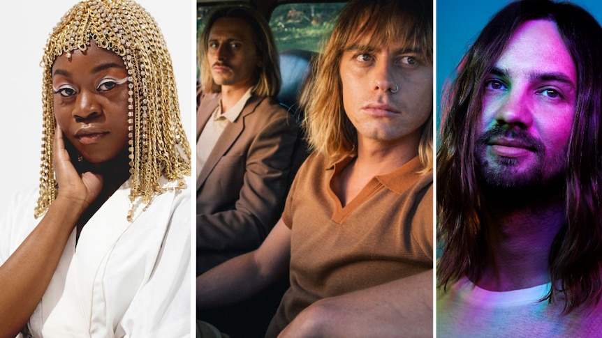 Collage of ARIA Award nominees; Sampa The Great in white, wearing gold headpiece; Lime Cordiale in car; Kevin Parker