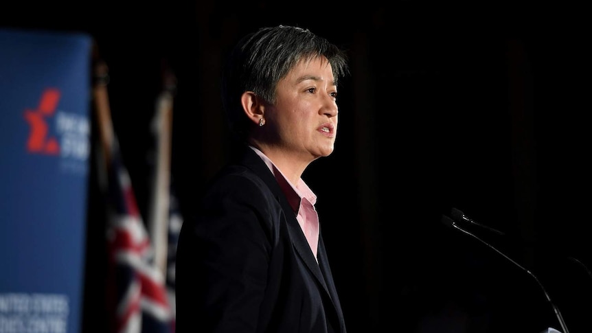 Penny Wong on stage with an Australian flag in background.